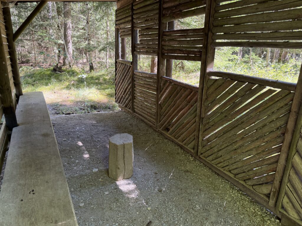 Innenraum der Wildbeobachtungsstelle Neuhütte im Rotwildgebiet des Naturparks Schönbuch mit Sitzbank und Beobachtungsfenstern.