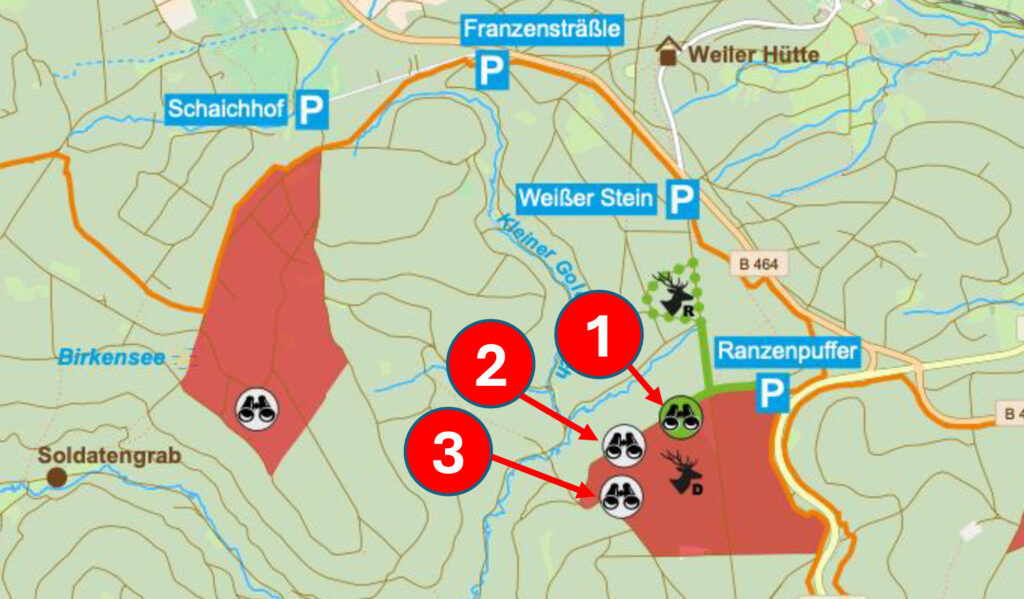 Karte der Rotwild-Beobachtungspunkte Grünes Brett, Castell und Neuhütte im Naturpark Schönbuch mit empfohlenem Parkplatz Ranzenpuffer.