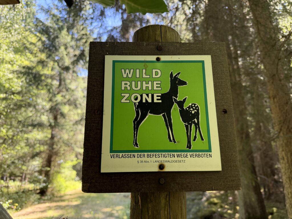 Schild einer Wildruhezone im Rotwildgebiet des Naturparks Schönbuch zum Schutz von Rotwild und anderen Wildtieren.