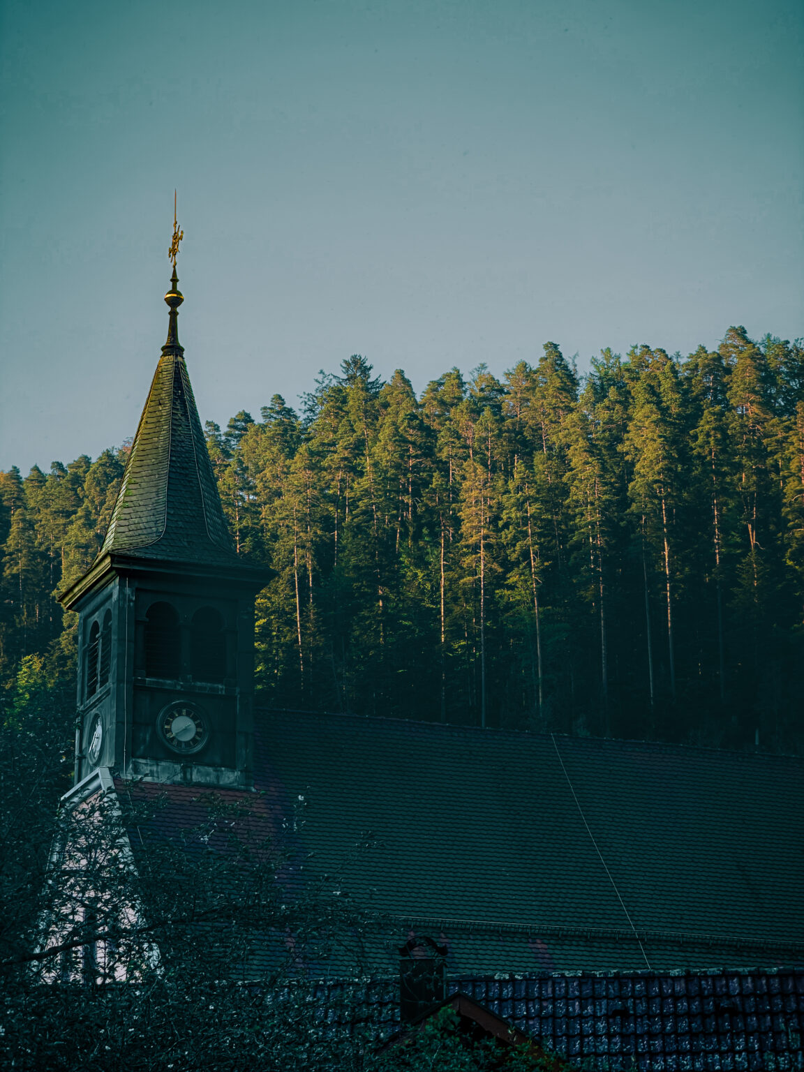 Dreifaltigkeitskirche in Bad Teinach, Germany, photographed in evening light with the Black Forest in the background.