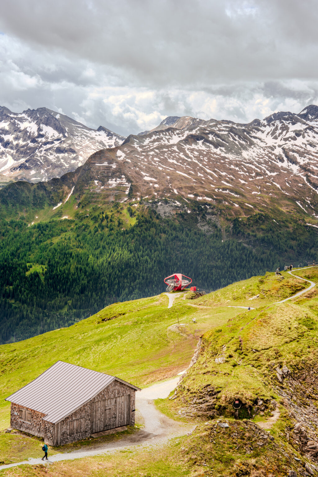 Glockner Viewpoint on Stubnerkogel overlooking the snow-covered peaks of the Hohe Tauern Alps near Bad Gastein, Austria.