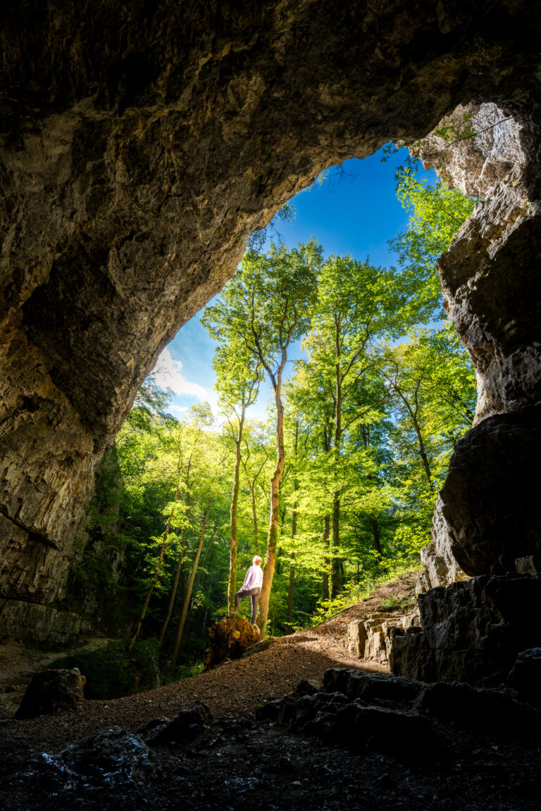 Blick durch das große Höhlenportal der Falkensteiner Höhle bei Grabenstetten auf den Wald der Schwäbischen Alb.
