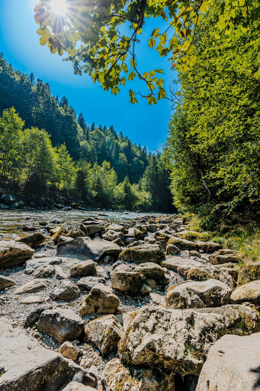 Felsiges Flussbett in der Breitachklamm bei Oberstdorf mit Sonne zwischen den Bäumen und herzförmigem blauem Himmel